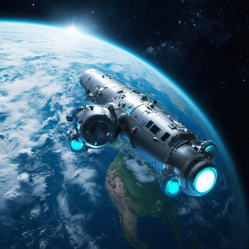 The image depicts a futuristic, sleek spacecraft gliding through the vastness of space, its metallic surface glinting under the distant light of a sta