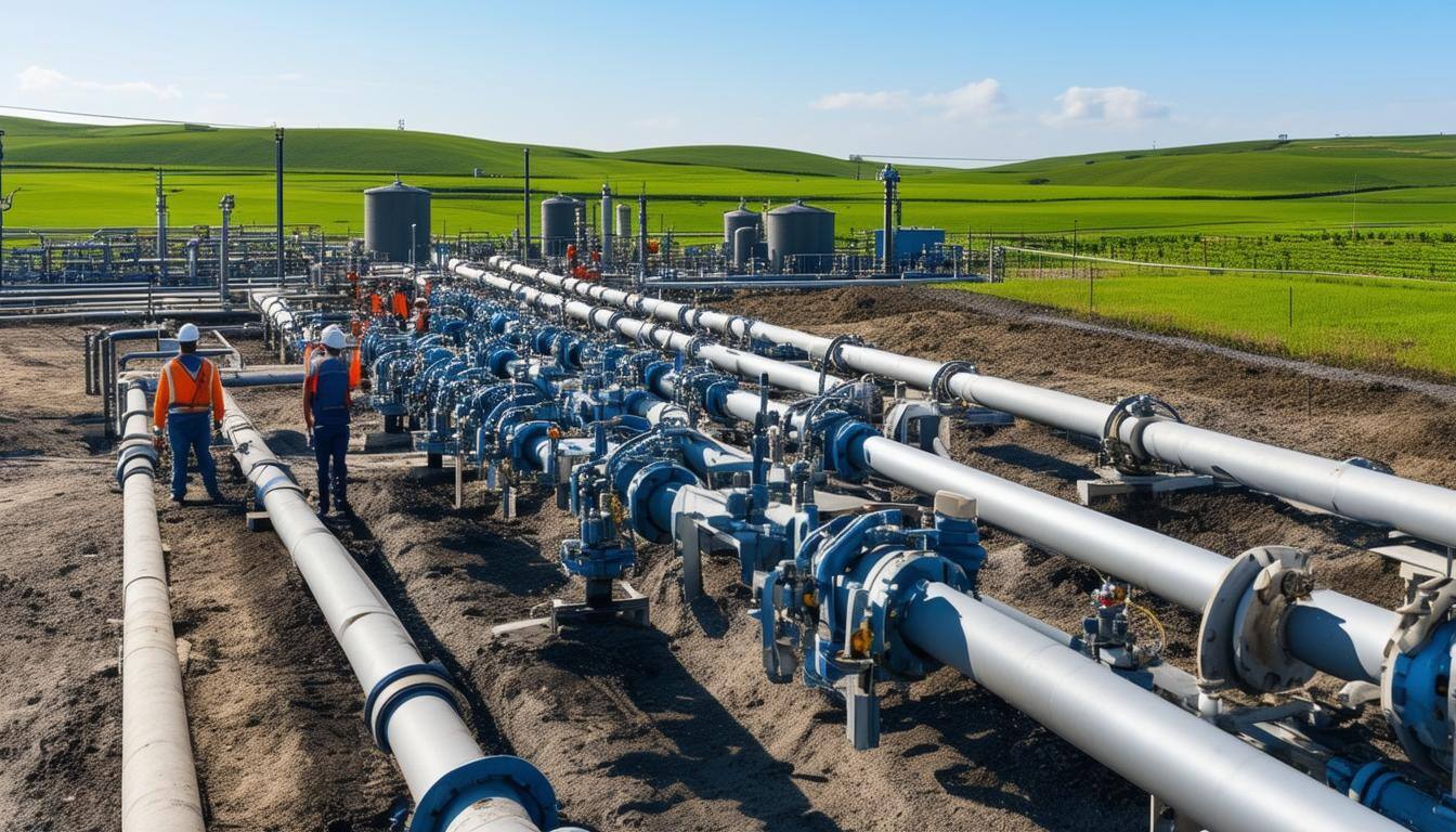 The image features a sprawling oil and gas facility nestled against a backdrop of rolling hills under a clear blue sky
